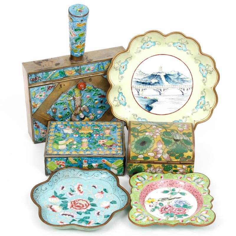 Appraisal: Group of six Chinese cloisonne and enamel pieces including three