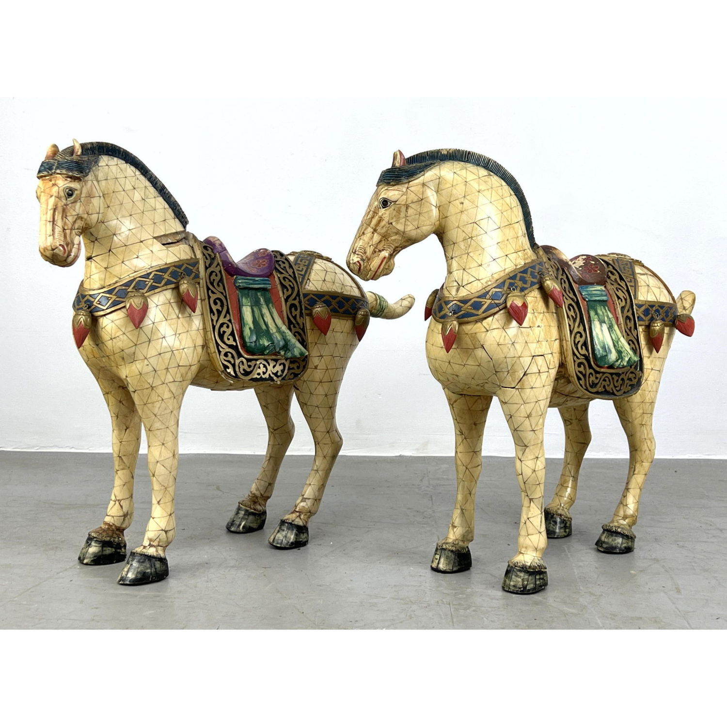 Appraisal: Pr Ornate Mosaic Tile Horse Figure Sculptures Triangular tiles on