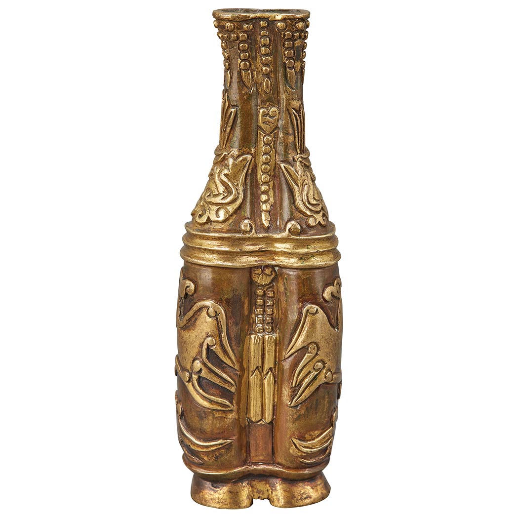 Appraisal: Chinese Gilt-Bronze Double Vase The upright elongated shape cast with