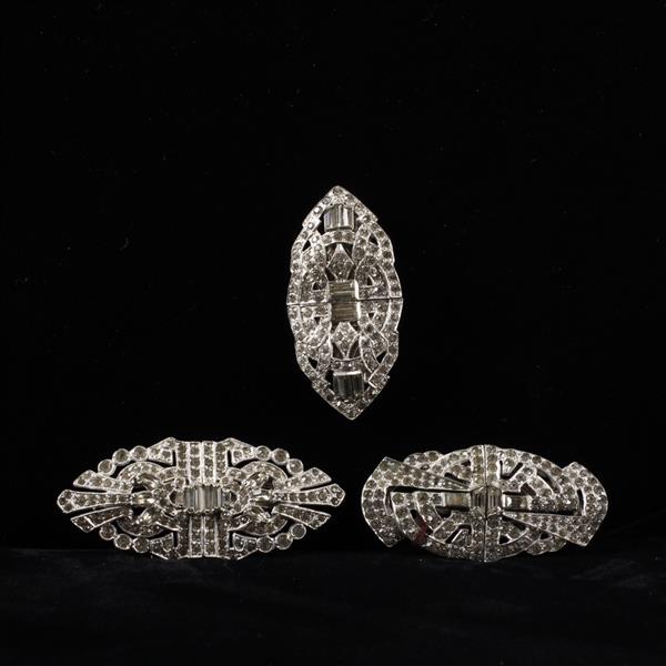 Appraisal: Three Art Deco Colorless Crystal Diamante Duette Clip Brooches W