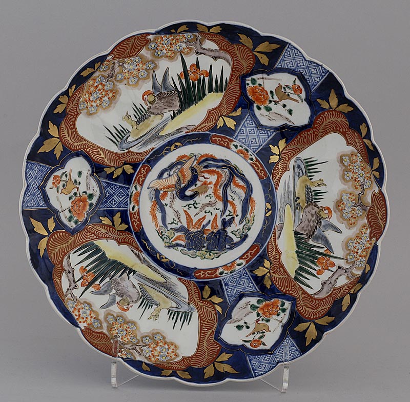 Appraisal: IMARI PORCELAIN CHARGER Meiji PeriodIn flower form with ho bird