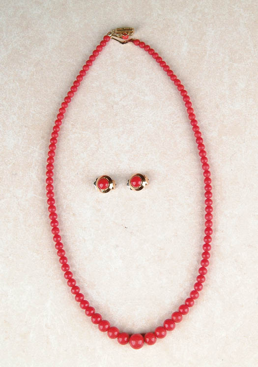 Appraisal: RED CORAL NECKLACE AND EARRING SUITE The necklace with graduated