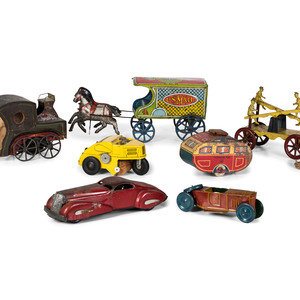 Appraisal: Six Tin Lithograph and Painted Toy Vehicles th Century comprising