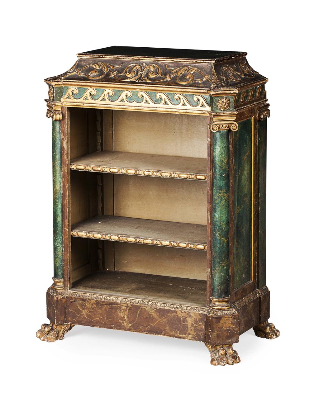 Appraisal: VENETIAN GREEN PAINTED AND PARCEL GILT OPEN BOOKCASE TH CENTURY