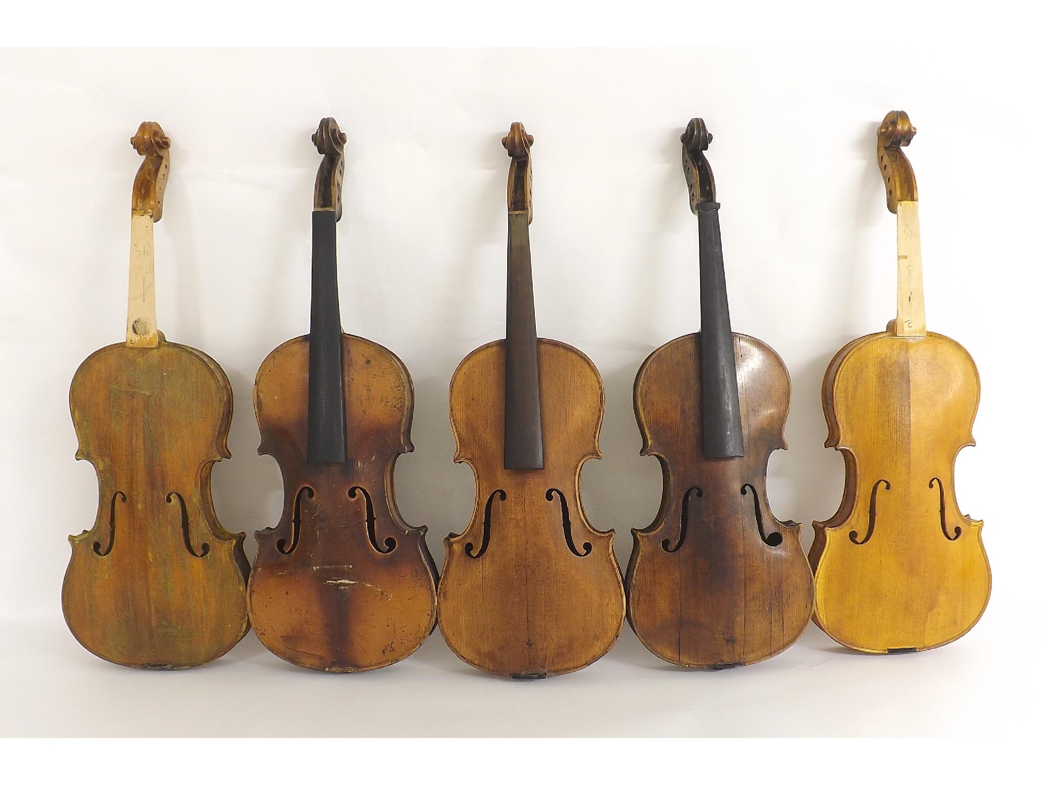 Appraisal: Five various full size old violins in need of restoration