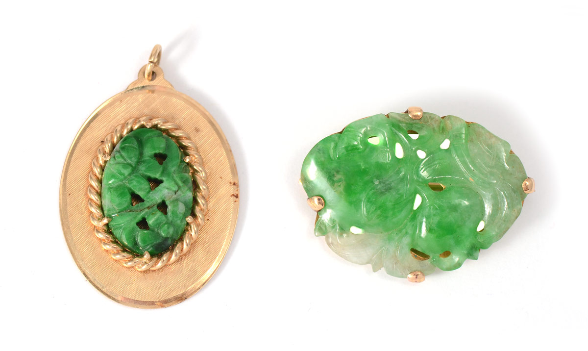 Appraisal: PIECE CARVED JADEITE BROOCH PENDANT K yellow gold pendant with