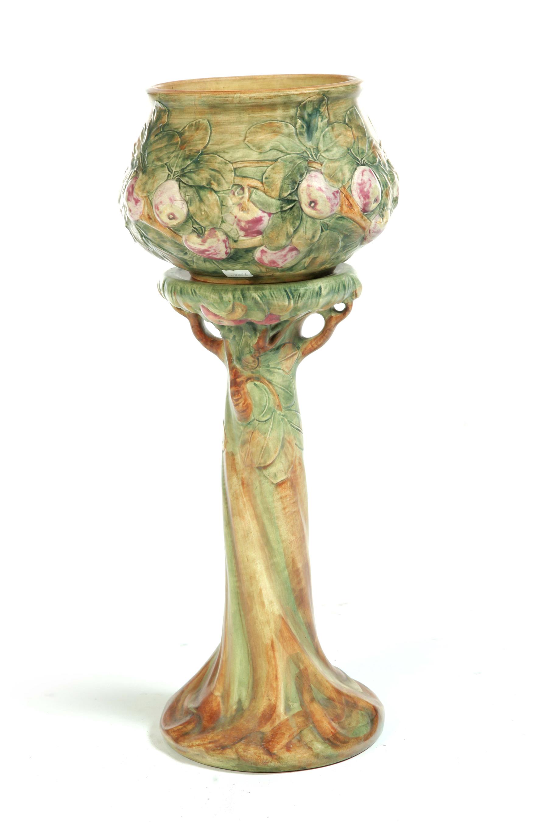 Appraisal: WELLER FLEMISH PATTERN JARDINIERE ON PEDESTAL Zanesville Ohio st quarter-