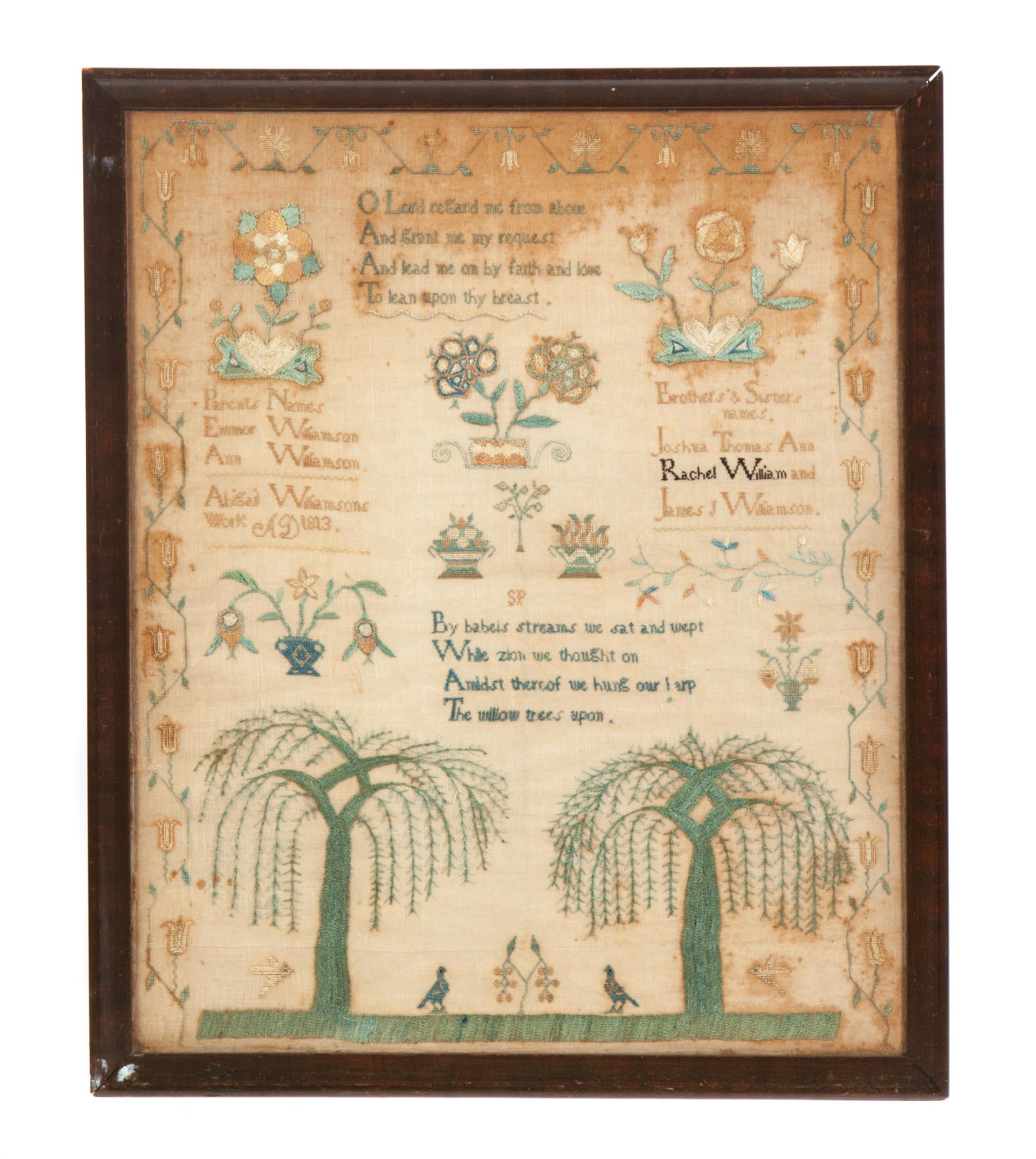 Appraisal: PENNSYLVANIA SAMPLER Chester County silk on linen Family registry of