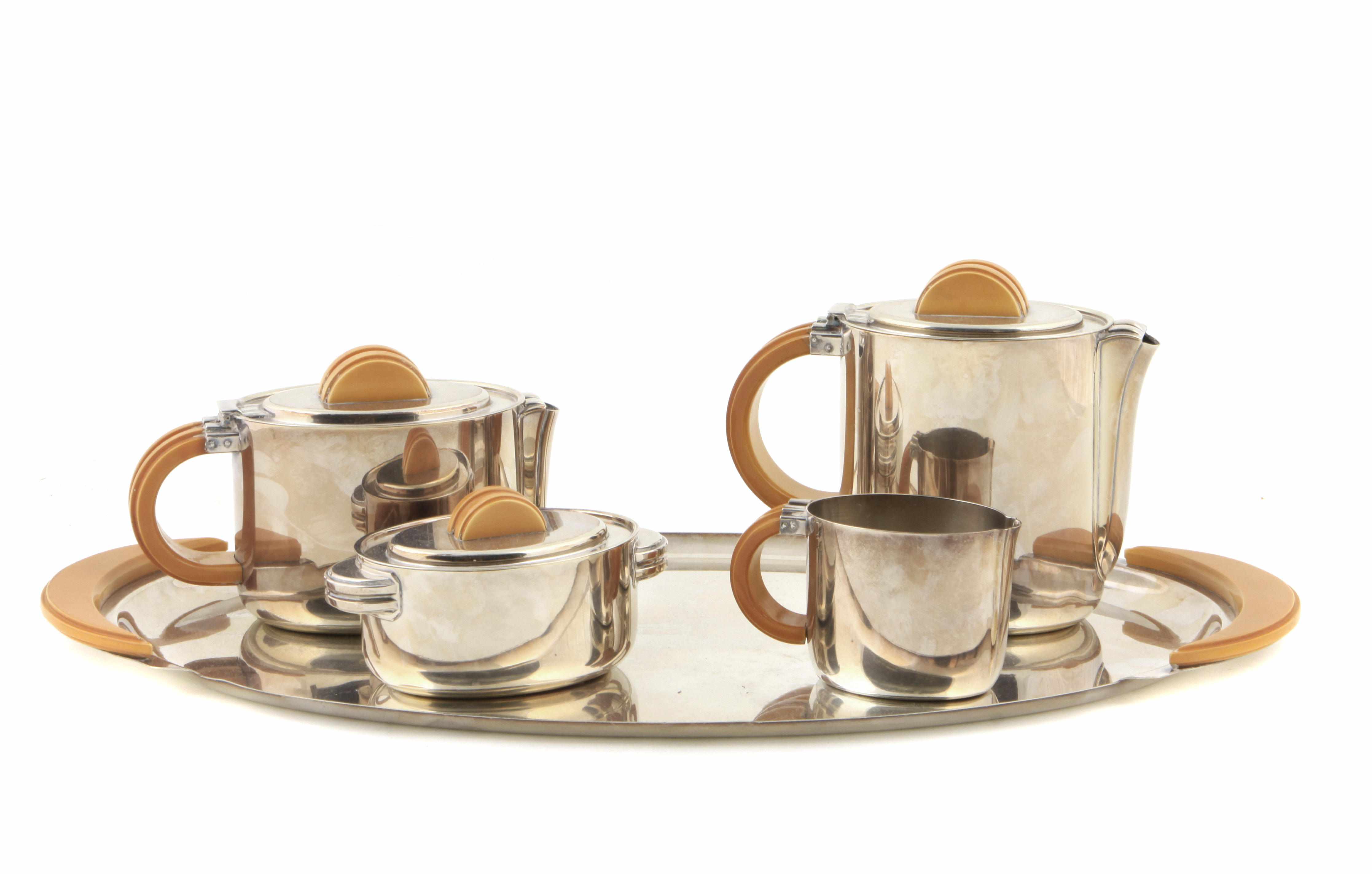 Appraisal: A German Art Deco silver-plated and Bakelite five-piece tea and