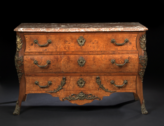 Appraisal: Regence-Style Burlwood Walnut and Marble-Top Commode the rectangular variegated rouge