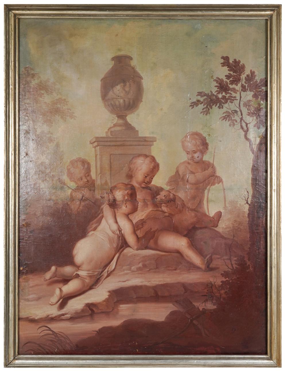 Appraisal: FRENCH SCHOOL CHERUBS WITH DOGoil on canvas unsigned Condition relined