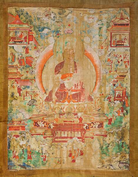 Appraisal: A large Sino-Tibetan thangka depicting Shakyamuni th th Century Color