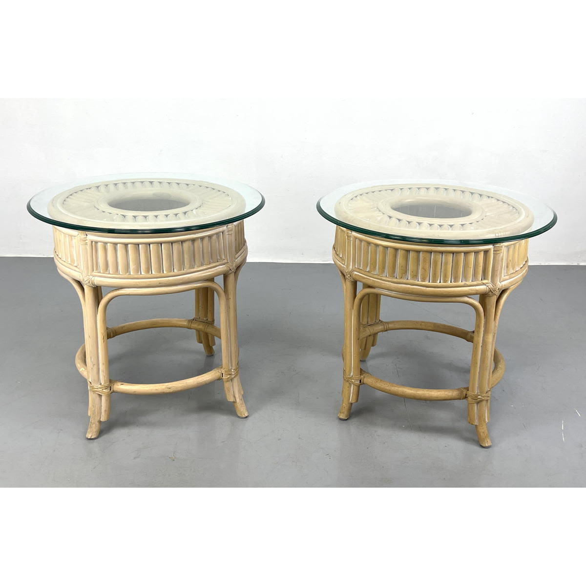 Appraisal: Pair Decorator Rattan Side Tables with Glass Tops Dimensions H