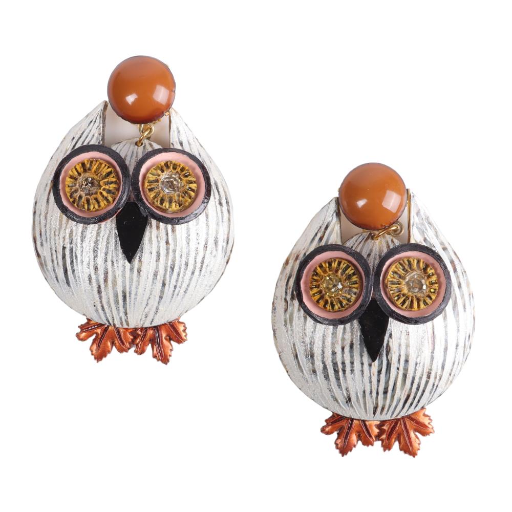 Appraisal: Cilea Paris HUGE whimsical carved resin owl drip earrings with