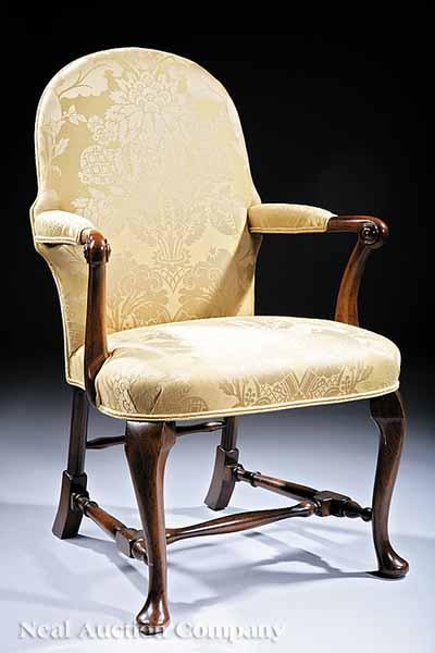 Appraisal: A Queen Anne-Style Walnut Armchair early th c gold upholstery