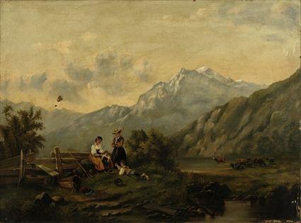 Appraisal: th Century School Family Resting in the Mountains Oil on