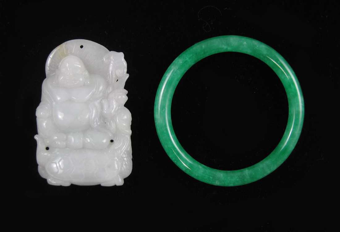 Appraisal: TWO ARTICLES OF JADE JEWELRY including a small green jade