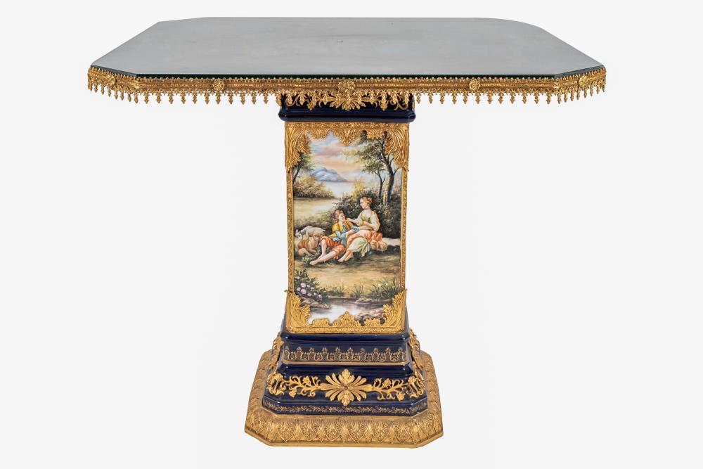 Appraisal: SEVRES-STYLE PORCELAIN SALON TABLEmodern cobalt ground with gilt metal mounts