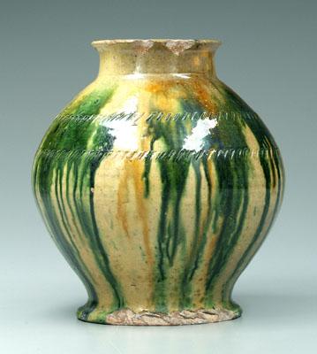 Appraisal: C R Auman pottery vase runny green glaze with several