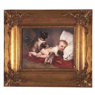 Appraisal: KPM porcelain plaque of a cherub with pugs KPM porcelain