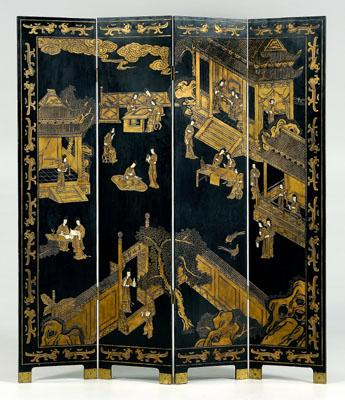 Appraisal: Chinese four-panel coromandel screen gilt inlay with ladies pavilions in