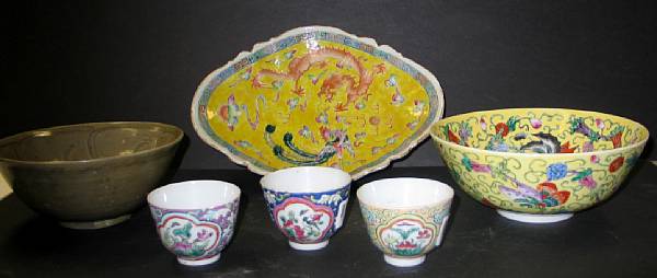 Appraisal: Five polychrome enameled porcelains Including three tea cups wear hairline