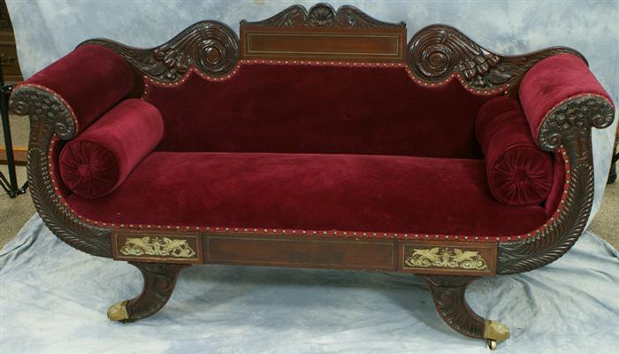 Appraisal: Fine carved mahogany Federal settee with applied brass winged griffin