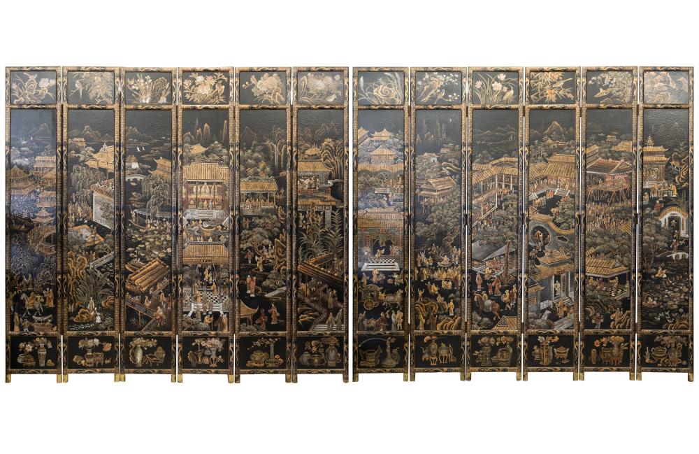 Appraisal: TWELVE-PANEL CHINESE LACQUER SCREEN th century each panel decorated with