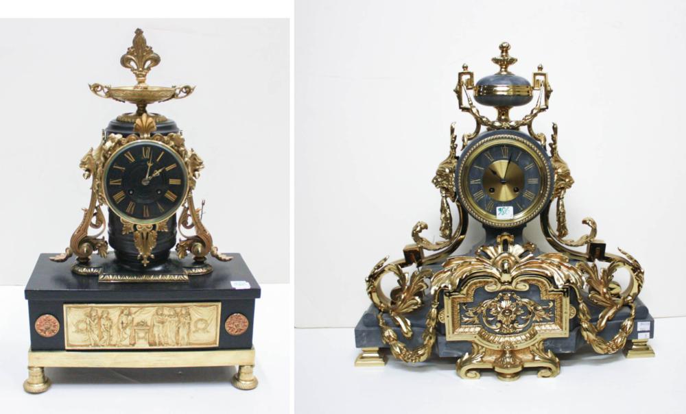 Appraisal: TWO FRENCH MANTEL CLOCKS H gray marble with 'ormolu' mounts