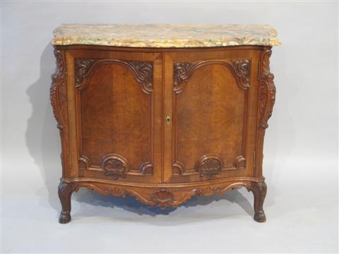 Appraisal: VICTORIAN STYLE WALNUT MARBLE CABINET The shaped marble top above