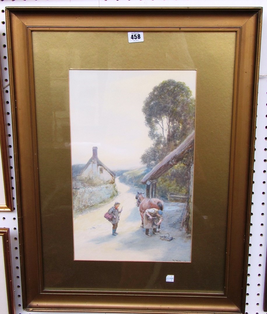 Appraisal: John White - Outside the Blacksmith's watercolour and bodycolour signed