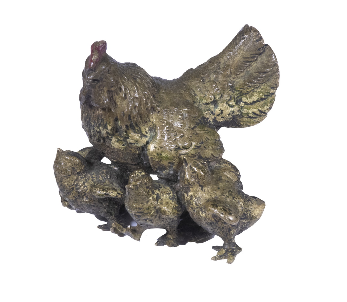 Appraisal: VIENNA BRONZE HEN WITH CHICKS Circa Austrian Cold Painted Bronze