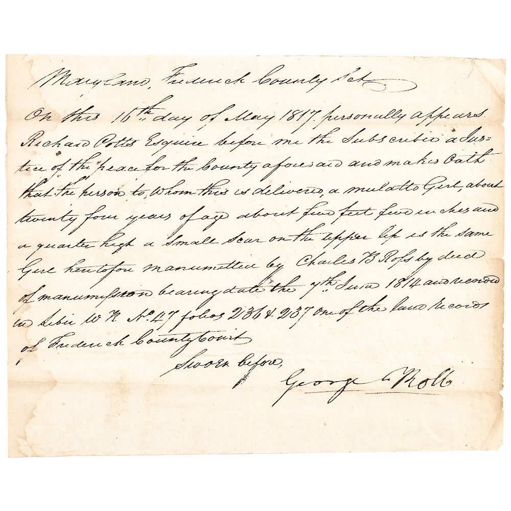 Appraisal: Maryland Year Old Mulatto Girl Deed of Manumission With Her