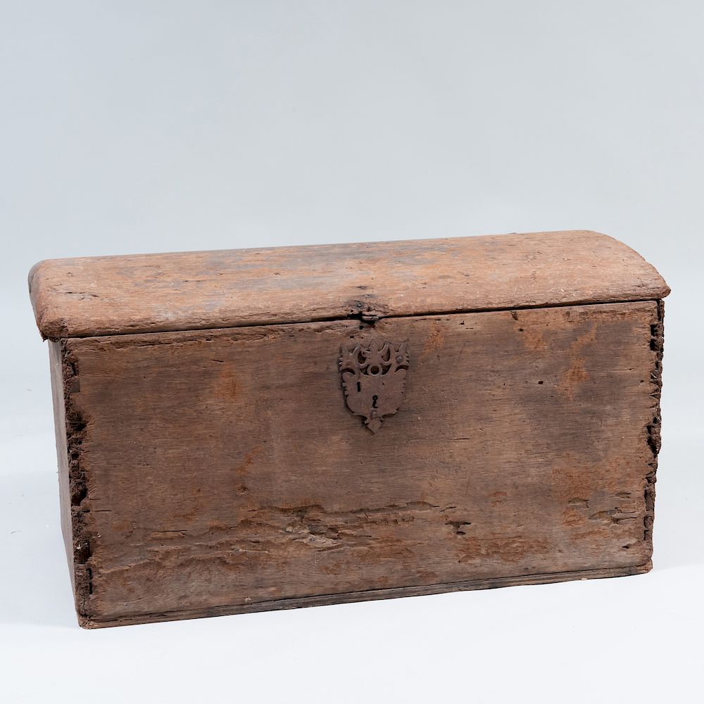 Appraisal: Spanish Colonial Metal-Mounted Wooden Chest with a hinged domed top