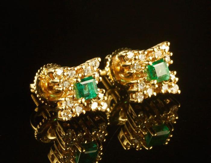 Appraisal: - K Gold Diamond and Emerald Earrings K gold diamond