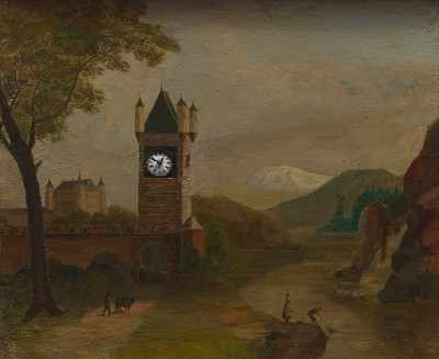 Appraisal: A Rare Clock Framed in a Painting A panoramic landscape