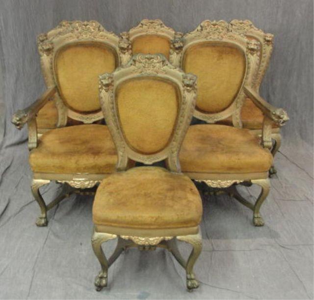 Appraisal: Victorian Chairs Painted Gold With lion heads and ball claw