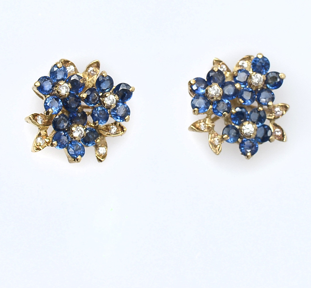 Appraisal: K MID CENTURY SAPPHIRE DIAMOND STUDS native cut round sapphires