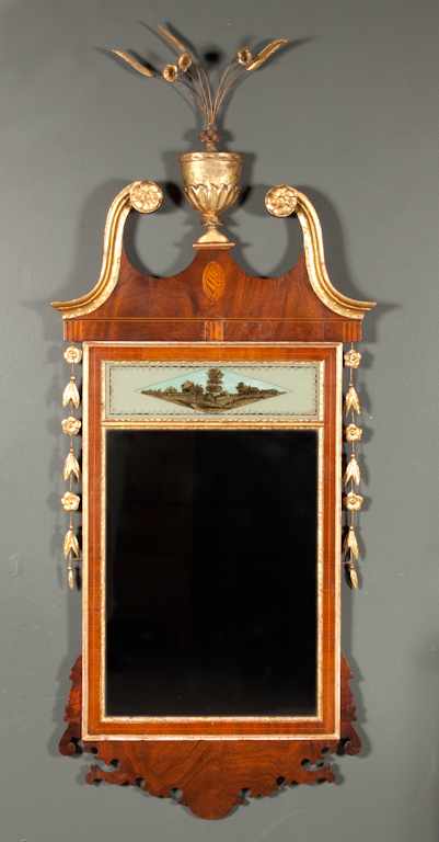 Appraisal: Federal inlaid mahogany parcel-gilt eglomise looking glass New York late