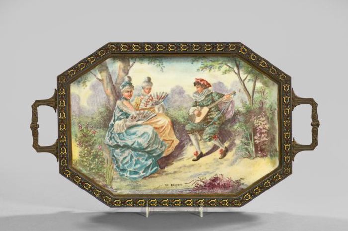 Appraisal: French Enameled Brass-Mounted Hand-Painted Porcelain Tray fourth quarter th century