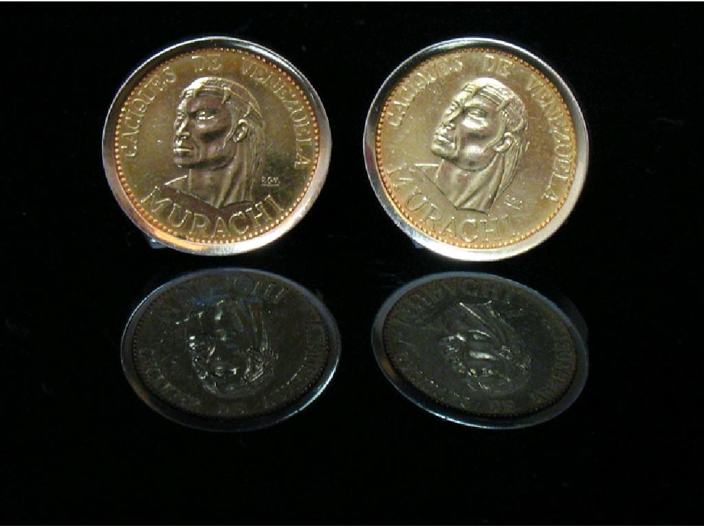 Appraisal: A PAIR OF VENEZUELAN MURACHI COLLECTOR'S COINS mounted in yellow