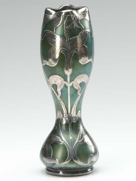 Appraisal: LOETZ Corseted vase of green glass with silver floral overlay