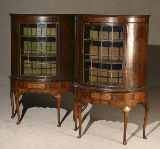 Appraisal: Pair of Queen Anne Style Seaweed Marquetry Burl Walnut Demilune