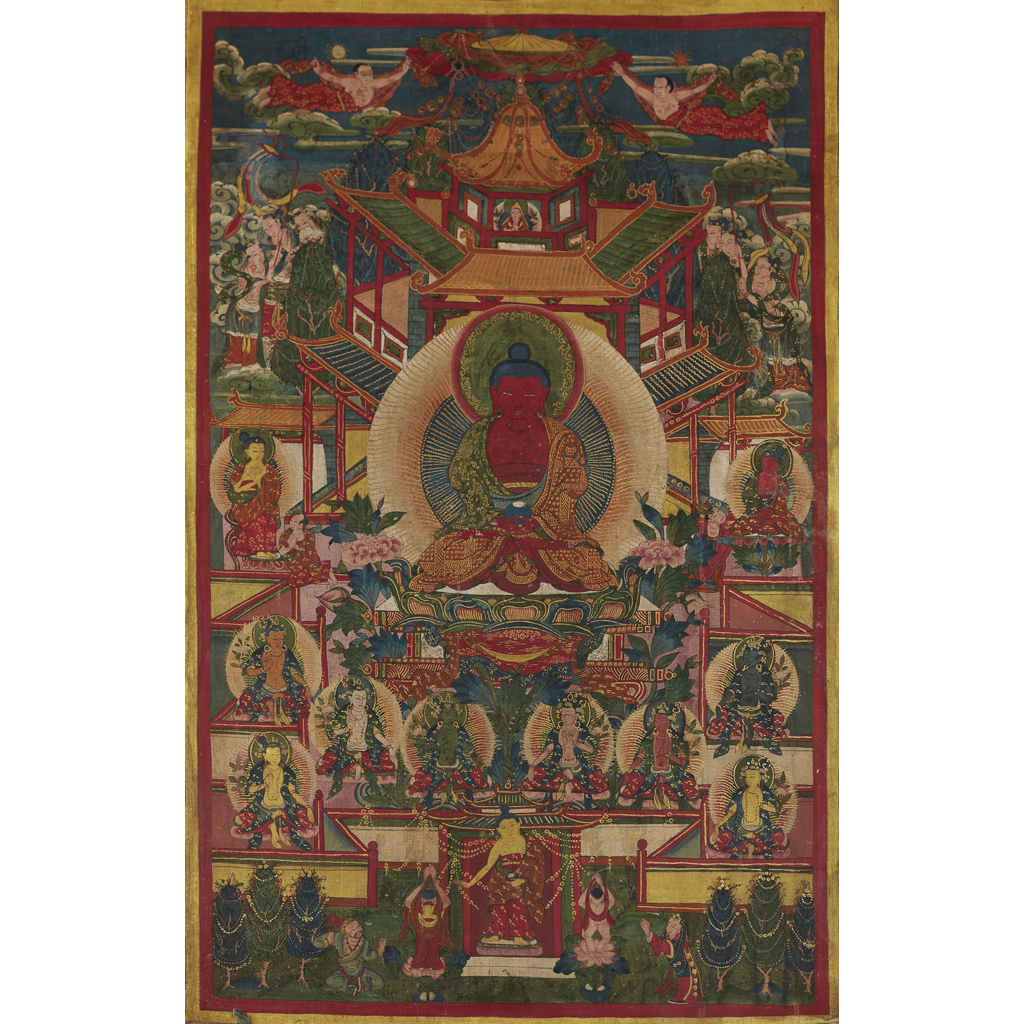 Appraisal: THANGKA DEPICTING THE BUDDHA SHAKYAMUNI WITH TWO DISCIPLES TIBET TH