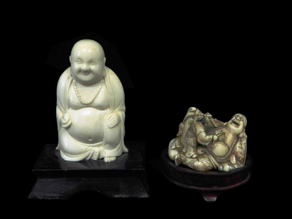 Appraisal: ASIAN Two carved ivory figure of Hotei one of the