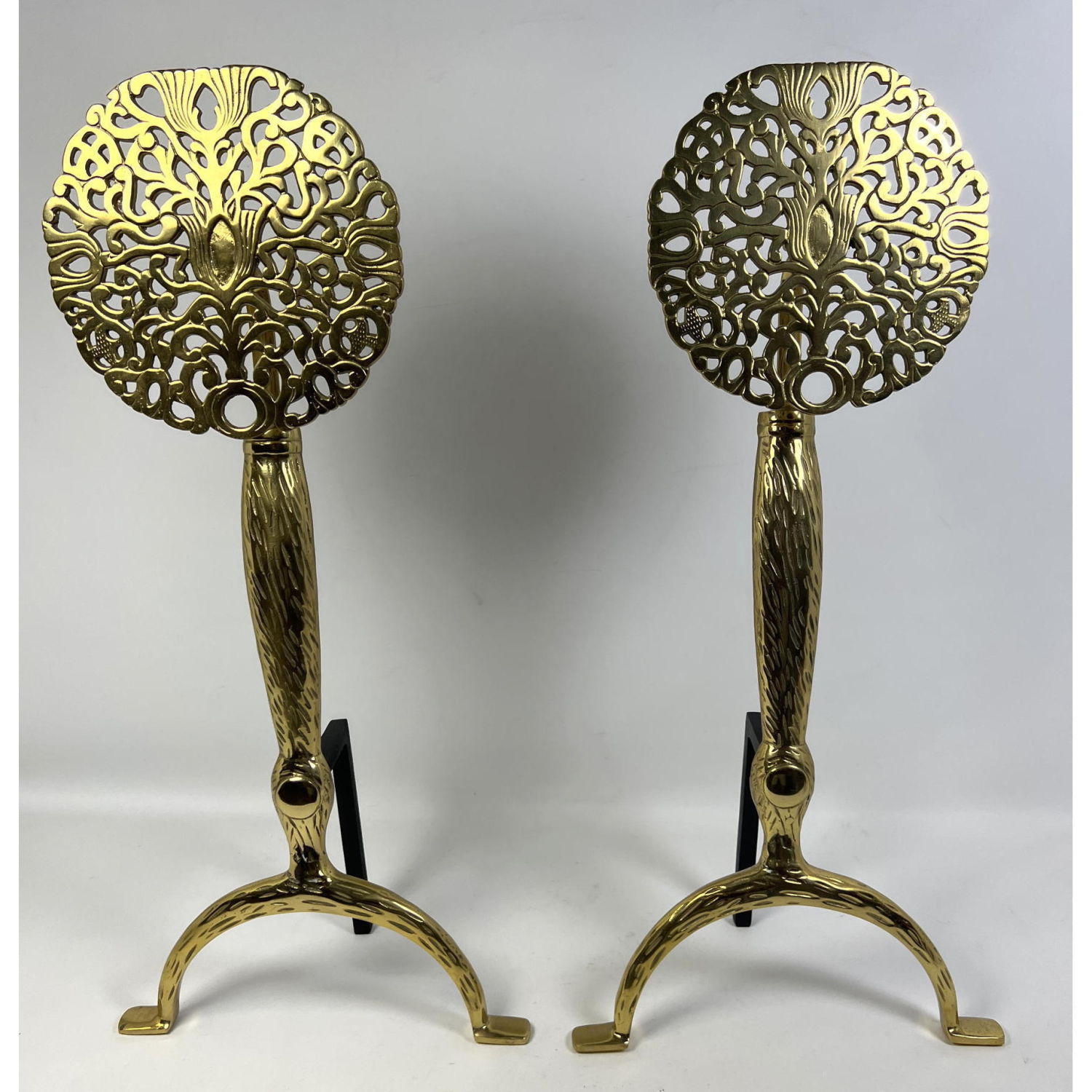 Appraisal: Pr Contemporary Brass Arts and Crafts style andirons Dimensions H