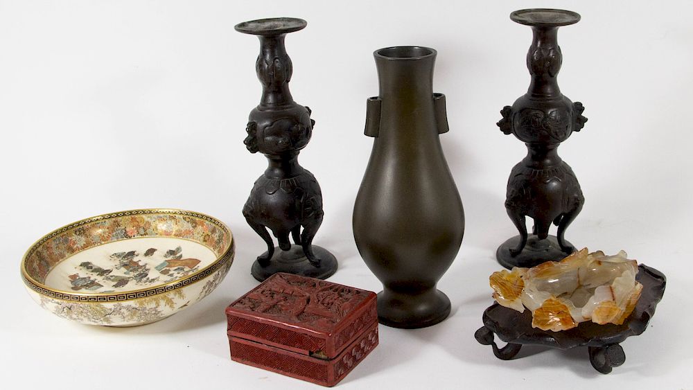 Appraisal: Grouping of Asian Decorative Items Including two metal candlesticks and