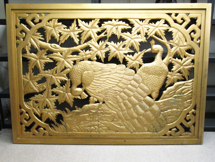 Appraisal: A LARGE CHINESE CARVED GILTWOOD ARCHITECTURAL PANEL a pierce-carved three-dimensional