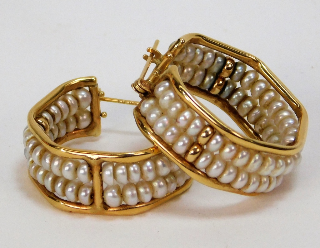 Appraisal: PR K YELLOW GOLD SEED PEARL HOOP EARRINGS United States