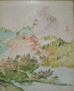 Appraisal: mid th c Chinese landscape watercolor with ink painted signature